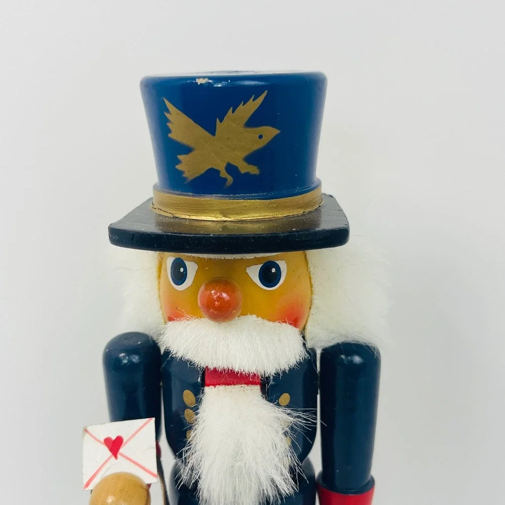 Vintage Wooden Mailman Nutcracker Postman with Letter and Mail Bag 10 Inch Blue